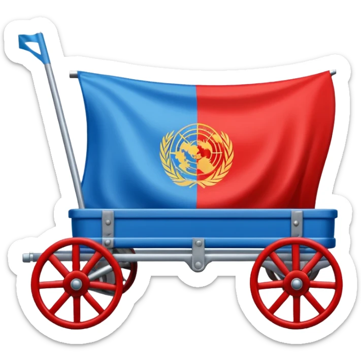 Un emoji drapeau rectangulaire avec la moitié du haut en bleu et l’autre moitié du bas en vert avec une roue de roulotte rouge au centre assez grande que la roue  sticker