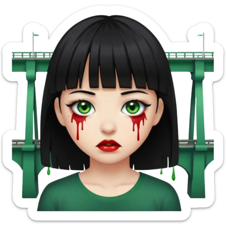 Guria com cabelo preto franjinha sangrando olhos verdes  fundo preto e um piercing bridgepiercing sticker