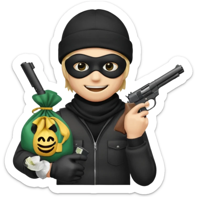 smiley robber wears black eye mask and black beanies with one money bag beside his right side sticker