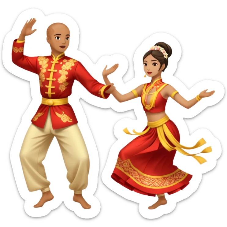 Cinematic Realistic scene of two performers executing a traditional Vietnamese folk dance, adorned in intricately patterned traditional costumes, captured in fluid motion with soft, culturally rich lighting sticker