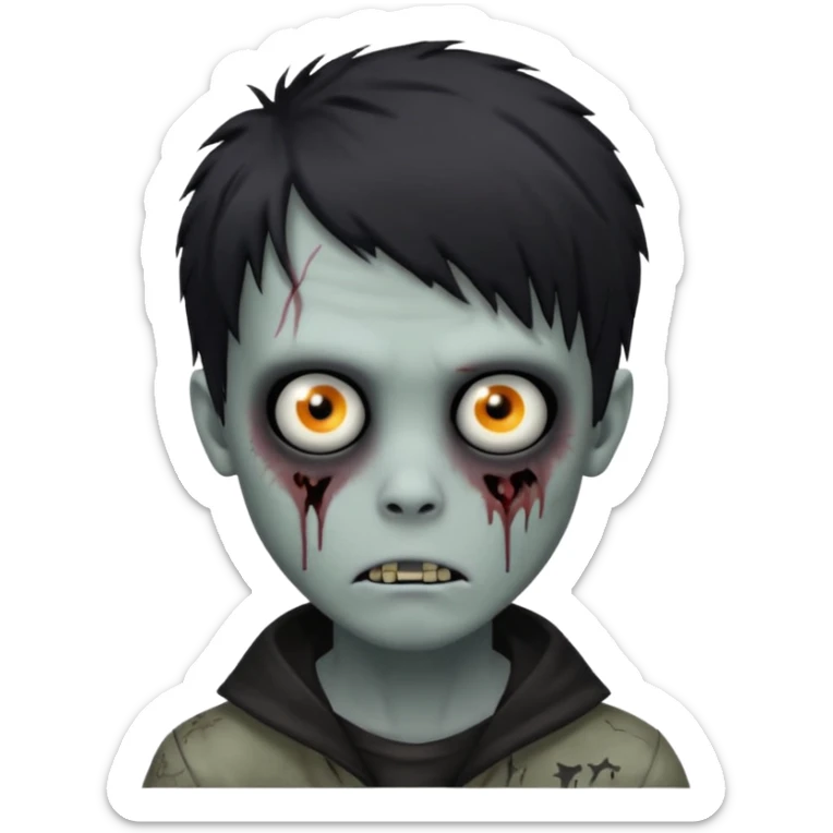 zombie boy, black shaggy emo hair, medium length, dark and creepy, unsettling face sticker