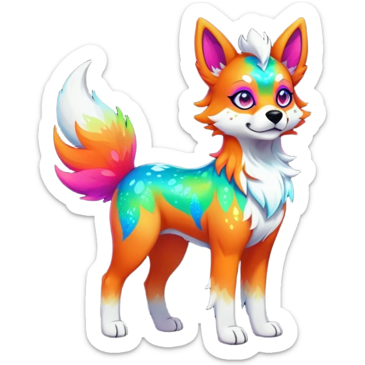 Vibrant multicolored neon-colored Falvie-Fionbri-creature-sparkle-dog-fursona, full body sticker