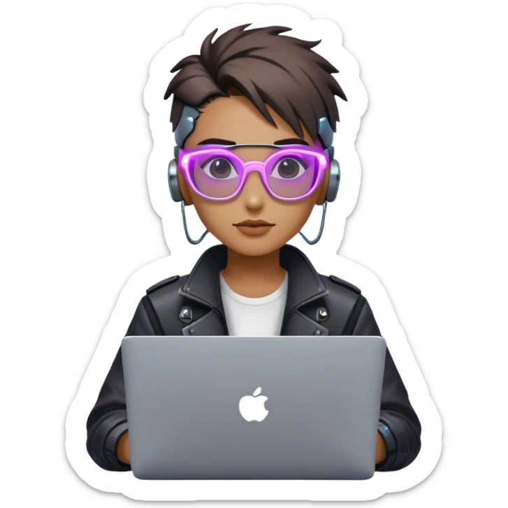 An emoji of a person with a laptop, but wearing cyberpunk glasses and with a slight neon glow sticker