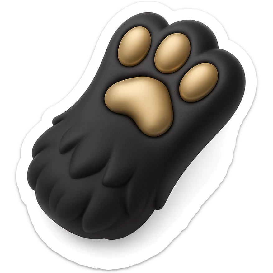 fluffy cat paw, 3D black style, glossy black, dimensional and sleek sticker