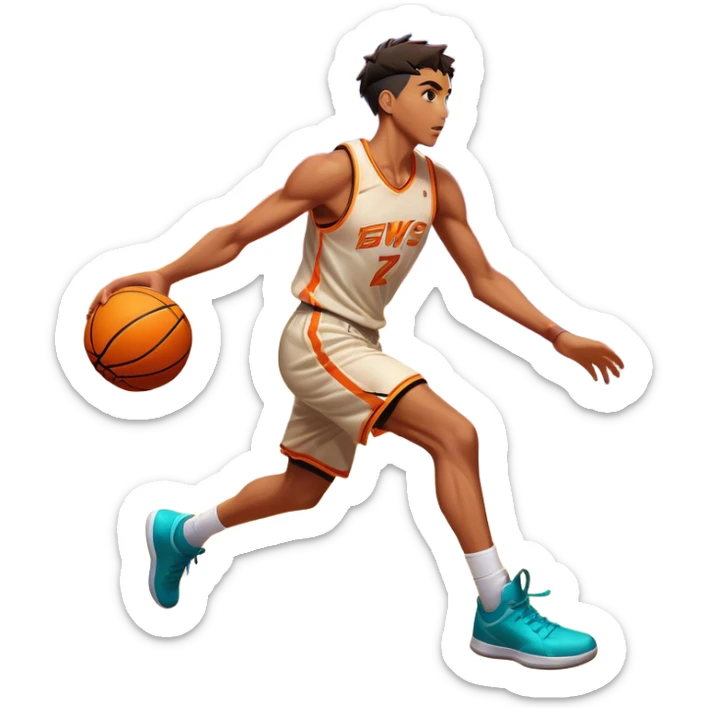 Cinematic Realistic image of a basketball captured in dynamic motion, with detailed surface textures and a slight motion blur, set against a vibrant urban backdrop with energetic lighting sticker