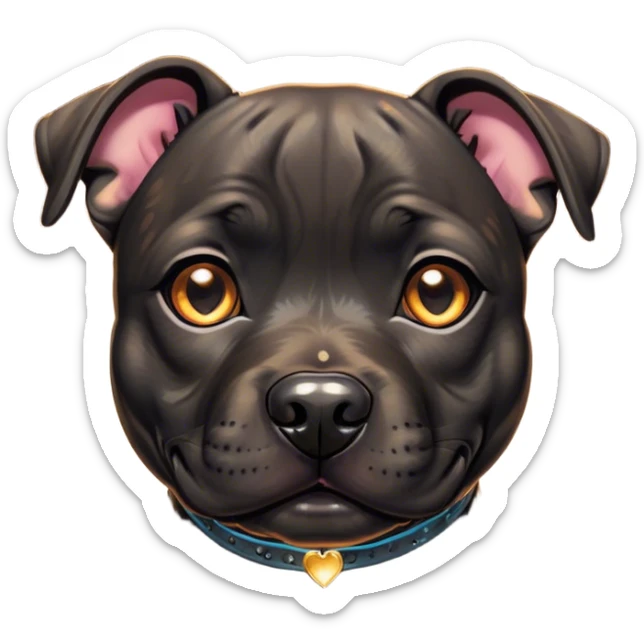 Cinematic Cute Black/Brindle Staffordshire Bull Terrier Portrait Emoji, Head tilted playfully and inquisitively, featuring a glossy Fur with a dynamic mix of black and brindle, round, sparkling dark eyes filled with curiosity, Simplified yet irresistibly adorable features, highly detailed, glowing with a warm, friendly glow, high shine, affectionate and spirited, stylized with a touch of whimsy, bright and endearing, soft glowing outline, capturing the essence of a mischievous yet loving pup, so playful it feels like it could bound out of the screen and into your arms! sticker