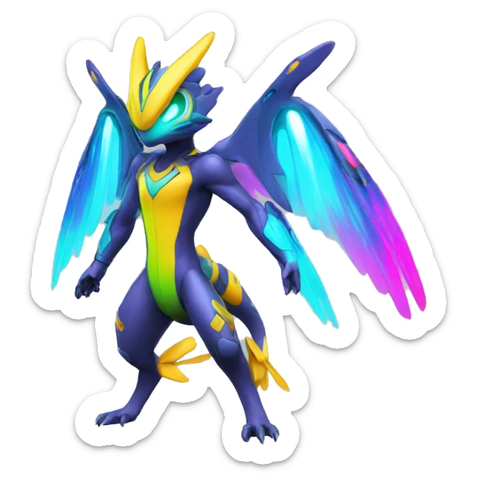Colorful Neon Colors Vibrant Colors Flying Futuristic Fakémon-Legendary-Pokémon-Creature Full Body sticker