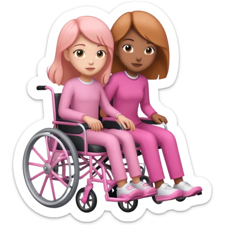 One peach skin sister pushing her light brown skin sister in a pink wheelchair sticker