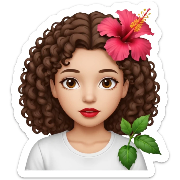 A brunette girl turned to the left side with curly hair with a hibiscus on her hair on her lips she has a brown pencil outline with gloss over it with a white t-shirt  sticker
