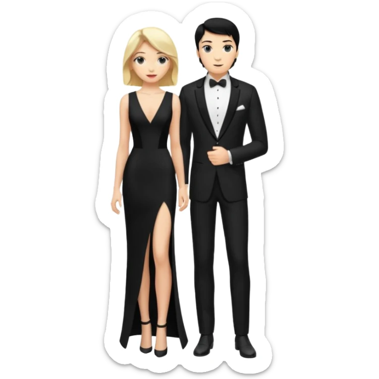 Blonde woman, black, Long, tight, sleveless Dress, Slot left Leg, man, black Hair, in Dinner jacket sticker