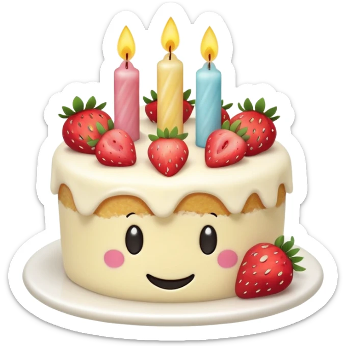 Jellycat vanilla cake with white frostting and strawberries on top with one candle with smiley face sticker