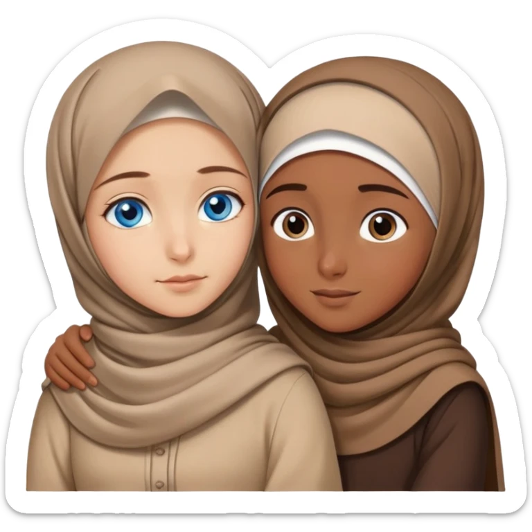 Turkish beautiful finish Konya girl blue eyes with brown beige hijab islamic dress and hugs with big brother  sticker
