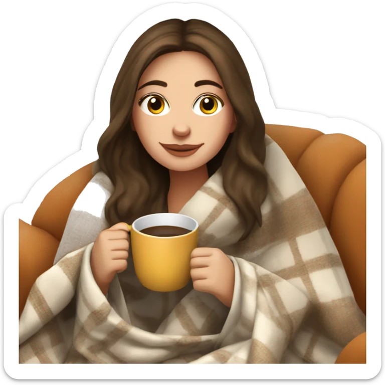 Brunette white girl covered in blanket autumn vibe sitting on a cozy chair holding coffee sticker