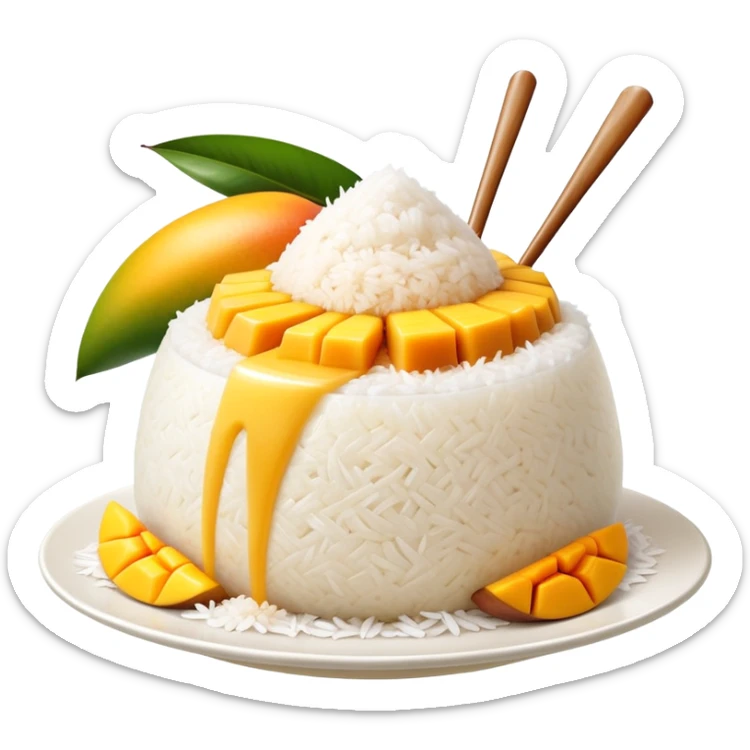 cinematic-realistic-mango-sticky-rice-dessert-emoji,-showcasing-sweet-sticky-rice out of a mould-paired-with-ripe-mango-slices-and-coconut-milk-rendered-with-lifelike-detail-and-warm,-inviting-lighting with the coconut  milk over the rice sticker