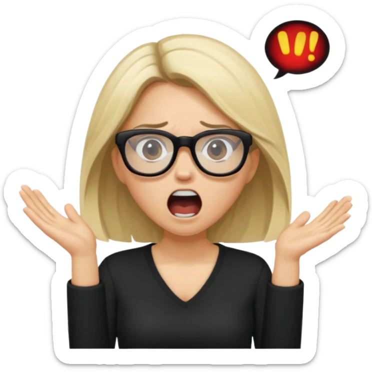 Young woman, wearing black clothes, brunette/blonde with loose hair, wearing white glasses, shouting bad words sticker