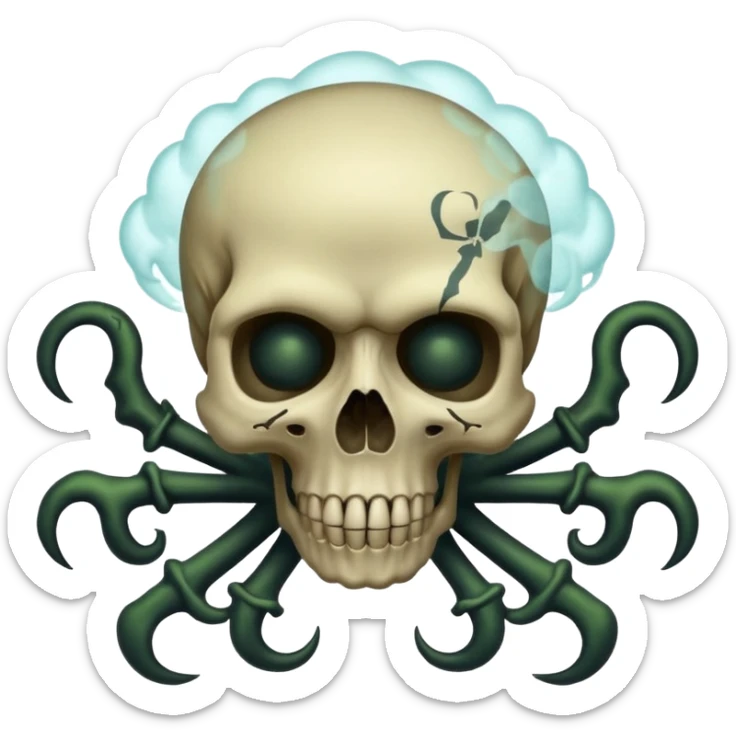 a poisonous cloud of gas, dark swamp color, with an image of a skull and two crossed bones behind the skull sticker