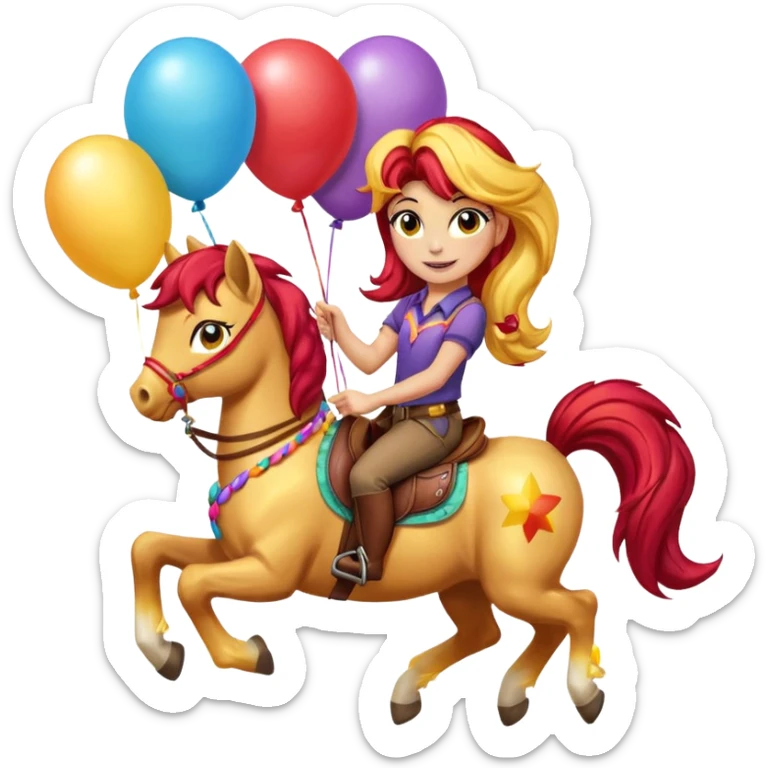 sunset shimmer mlp holding colorful balloons tied to its saddle, looking cheerful. sticker
