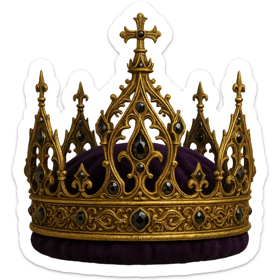 gothic crown in gold with purple velvet and black diamonds, ornate and royal sticker