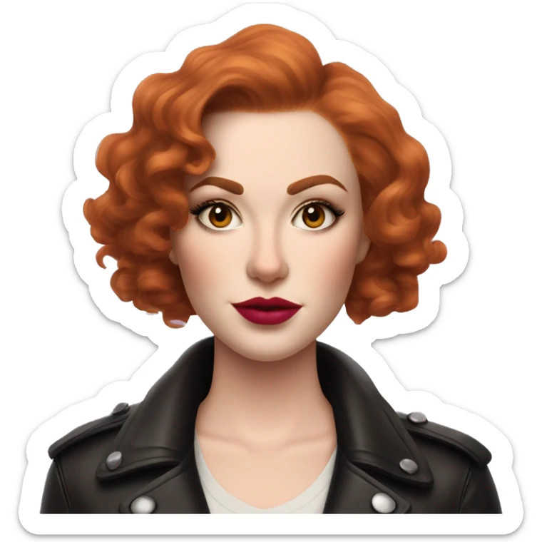Woman with very pale skin, true red curly short hair with a side part, heavy cat-eye makeup, long eyelashes, bright pink blush and lipstick.  Her eyebrows are dark, arched and very high.  Hazel eyes. Big lips. Thin. Wearing a leather jacket  sticker