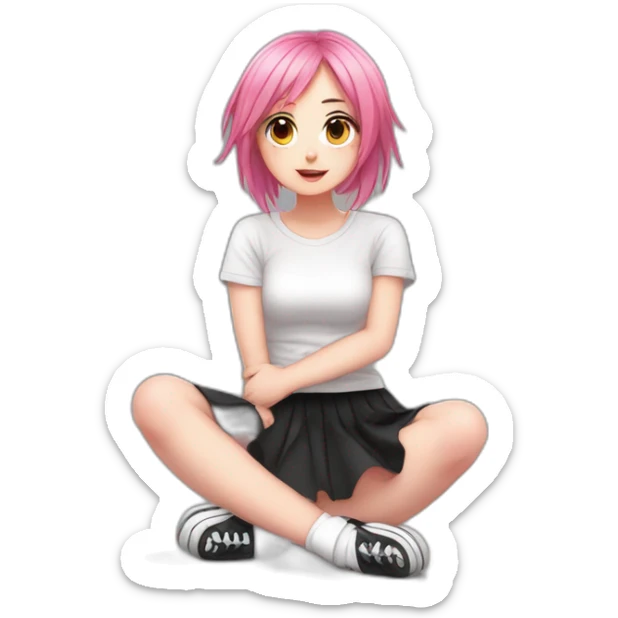 Full body Front view curvy emo girl pink hair sits on the floor straight view hands up black skirt белые трусики sticker