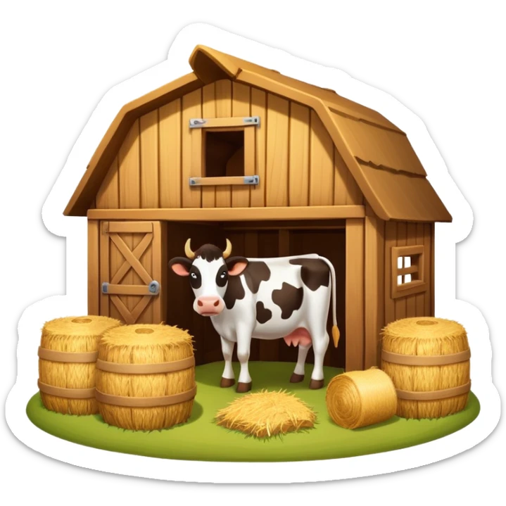 cow barn object icon, wooden stable building, hay bales near entrance, warm light, farm style, 3D cartoon, mobile game icon style, centered, clean background, no text, no watermark
 sticker