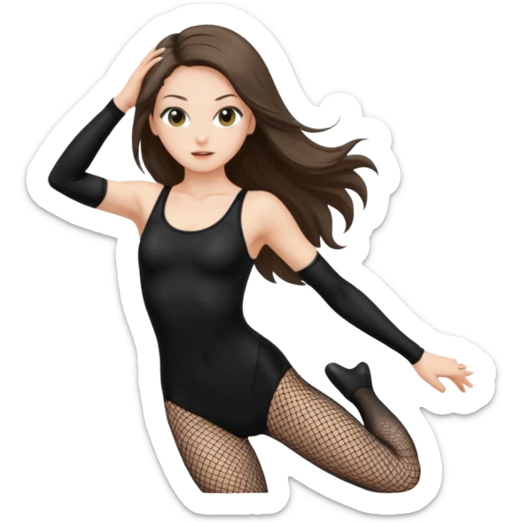 pretty white brunette teen long hair with hazel eyes in a black leotard and fishnets in a jump sticker