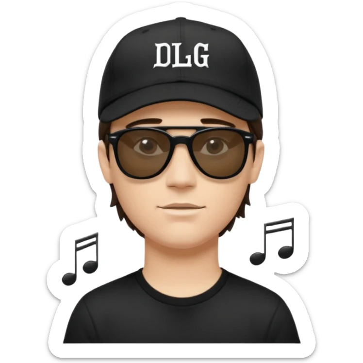 Emoji of a white man with short dark brown hair under a black baseball cap, wearing a black t‑shirt and 1980s‑style black Ray‑Ban rectangle sunglasses black lenses, with black musical notes floating around his head,  word "DLG" written on the hat sticker