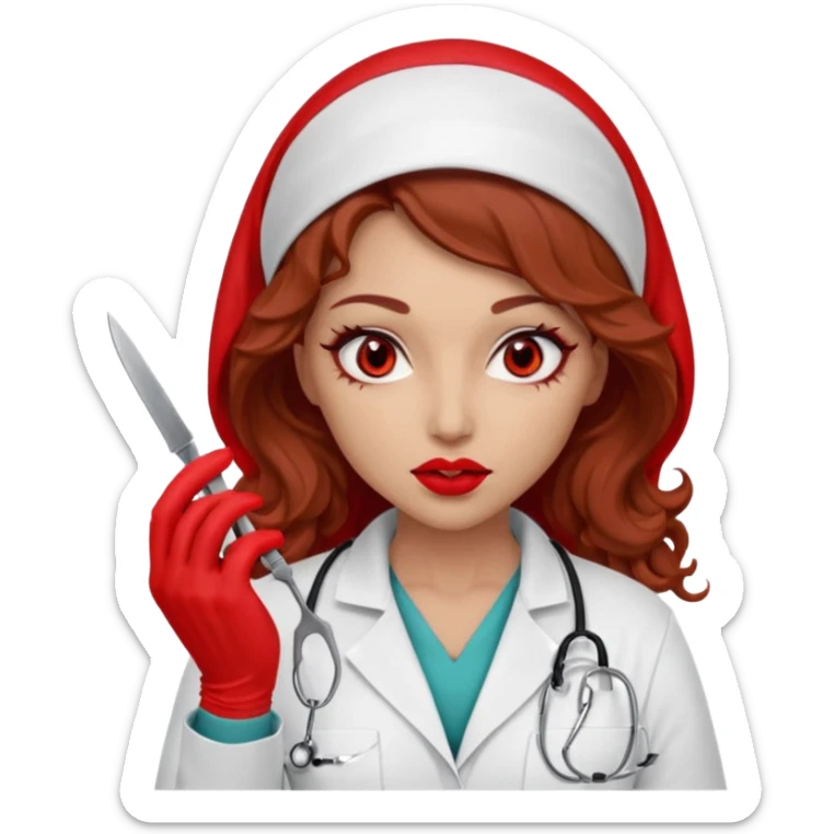 Scary woman scalpel in hand, evil surgeon sexy surgeon clothes.  She has red eyes. Her  brown long curly hair. Wears sexy doctor outfit with red gloves. make her hair free and brown but she  wear mouth cover   to hide. Wears white surgeon jacket and hijab cover lips  sticker