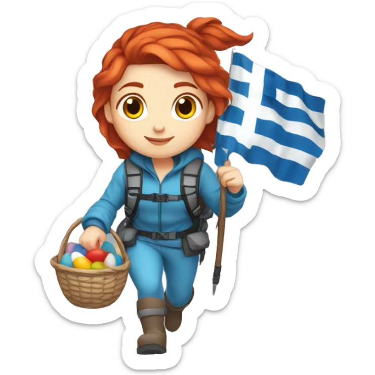 Female winter mountaineer red hair white skin climbing with Greek Flag and Easter eggs basket sticker