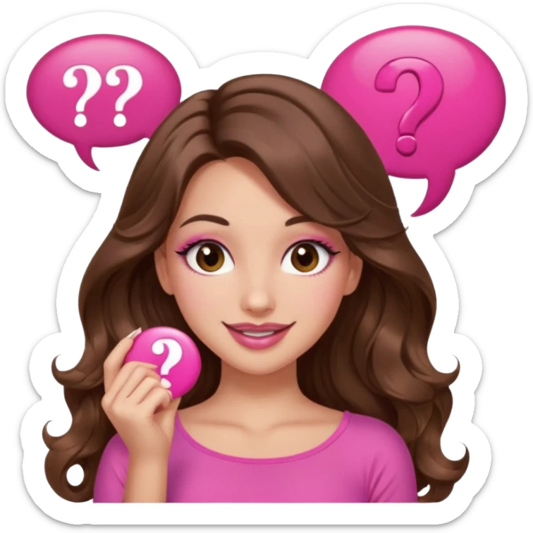 girl with long wavy brown hair, brown eyes, long lashes makeup, sexy pink lips, light to medium complexion, wearing a pink sexy top, shugging, smiling, question mark one speech bubble sticker