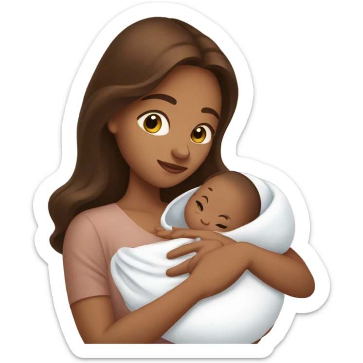 woman with hazel eyes and long brown hair holding newborn baby in arms sticker