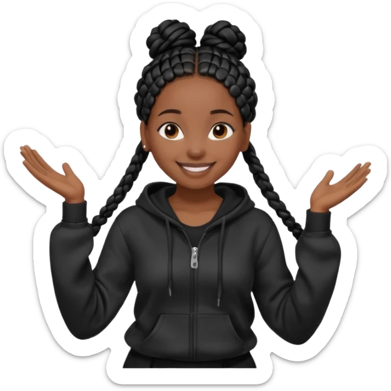 African American girl dark skin complextion long black box braids wrapped in a single bun wearing plain black hoodie dancing sticker