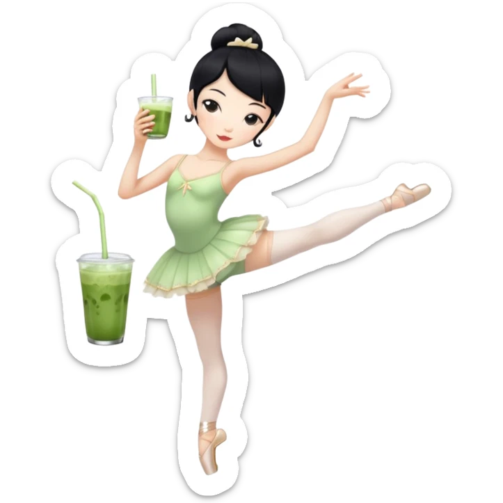 Very skinny ballerina with black haire white skin drinking iced matcha while doing ballet pose sticker