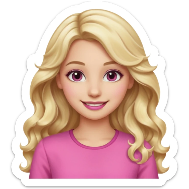 blonde girl, long wavy hair, pink clothes, trendy heavy makeup, smiling sticker