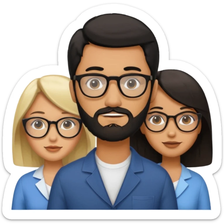 A man with hair and glasses and  a woman with long brown hair and a man with a beard and a woman with a blonde bob sticker