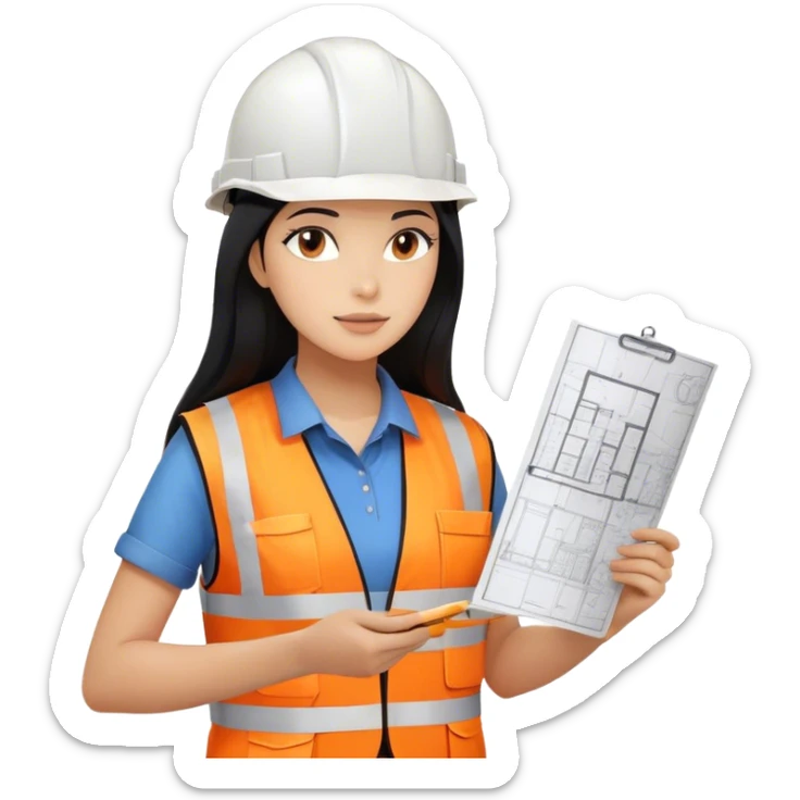 Female civil engineer with long black hair wearing white helmet and an orange safety vest looking at drawing plan on her hand  sticker
