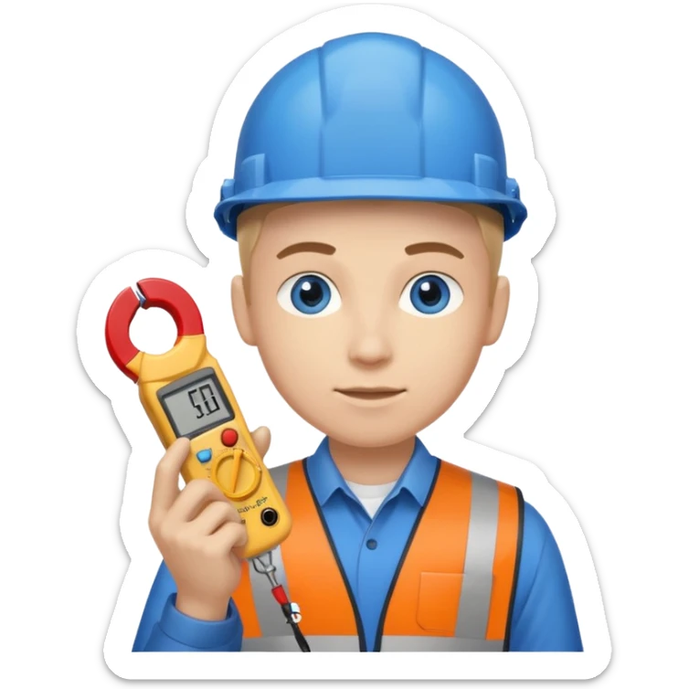 La tercera imagen pero ojos azules, y que lleve en manos una pinza amperimetrica sticker