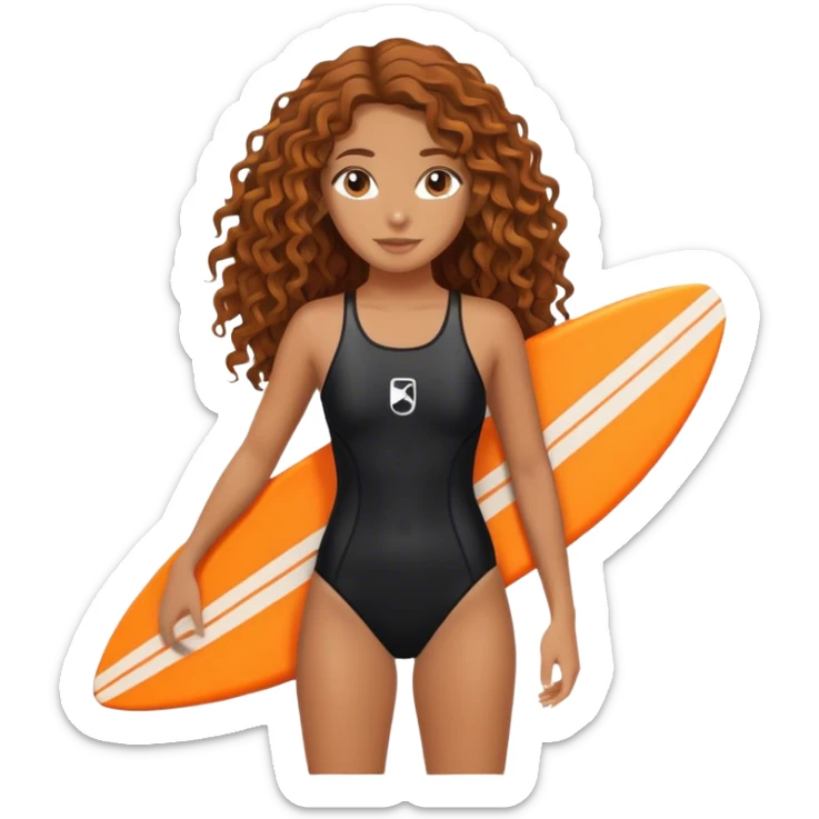 Surfer girl with black swimsuit and orange surfboard and long curly hair sticker
