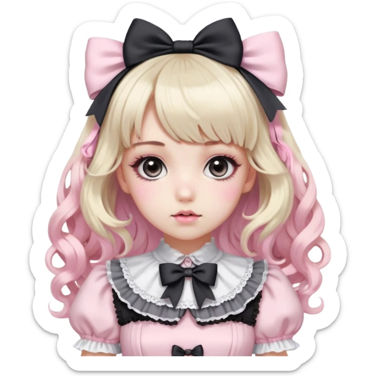 pale girl , who has curly medium length blonde and baby pink and black swirled hair with bangs , grey eyes , and doll like makeup , in a light pink with black lolita hime gyaru dress with a large black bow sticker