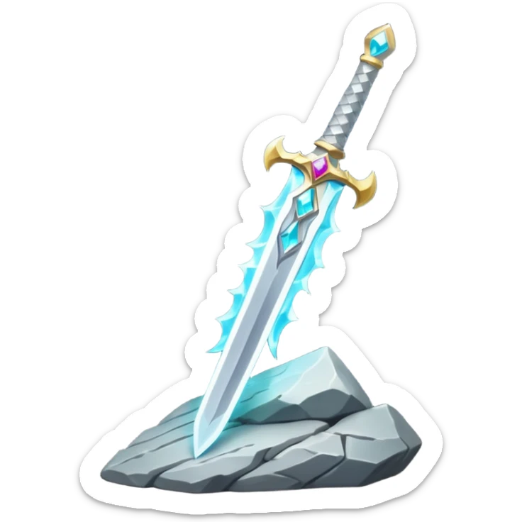 Shining silver sword with jeweled hilt, stuck in a stone, glowing aura.  sticker