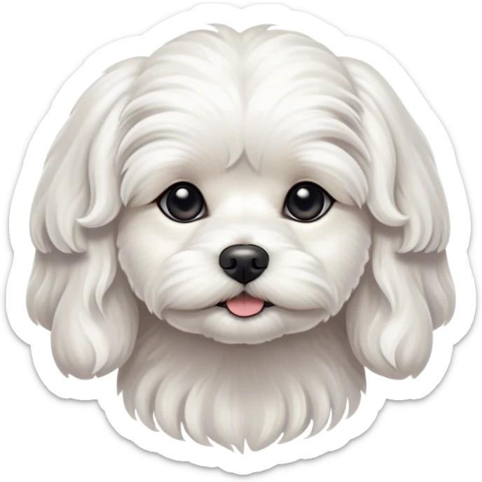 Cinematic Noble Wavy-Haired Maltese dog Portrait Emoji, Poised and regal, with a delicate, compact build and a pristine, wavy-haired white coat that cascades in gentle curls, deep-set soulful dark eyes, Simplified yet sharp and sophisticated features, highly detailed, glowing with a soft, dignified glow, high shine, intelligent and gentle, stylized with an air of refinement, focused and attentive, soft glowing outline, capturing the essence of a watchful and graceful companion, so majestic it feels as though it could prance out of the screen with effortless authority! sticker