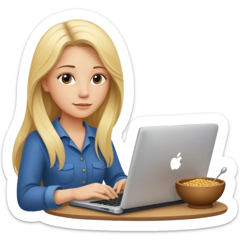 a blondie woman with long hair working with a computer laptop and a grains vessel around sticker