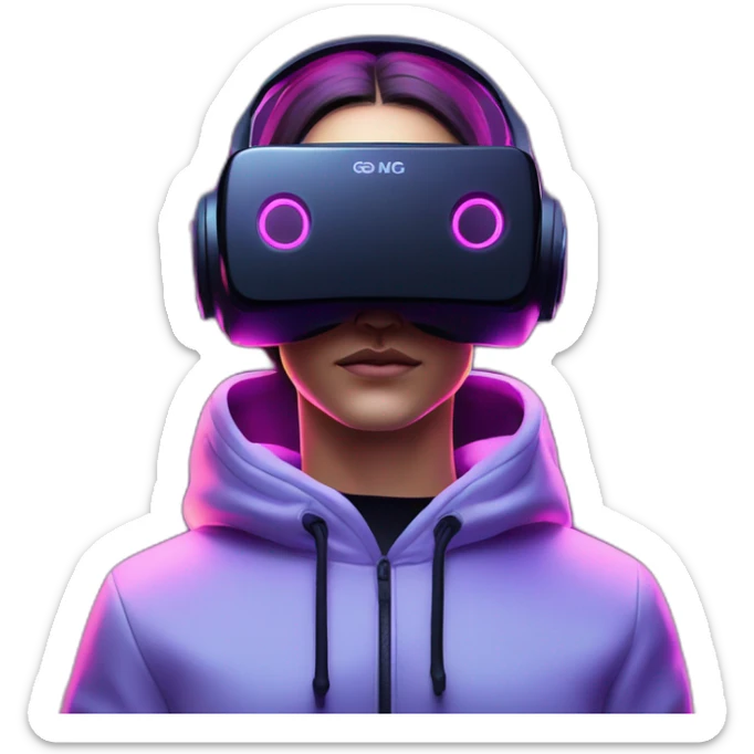 Alekséi Vorobiov wearing a black hoodie with "OMG" letters on it and VR headset in a cyberpunk VR environment with violet neon lighting. sticker