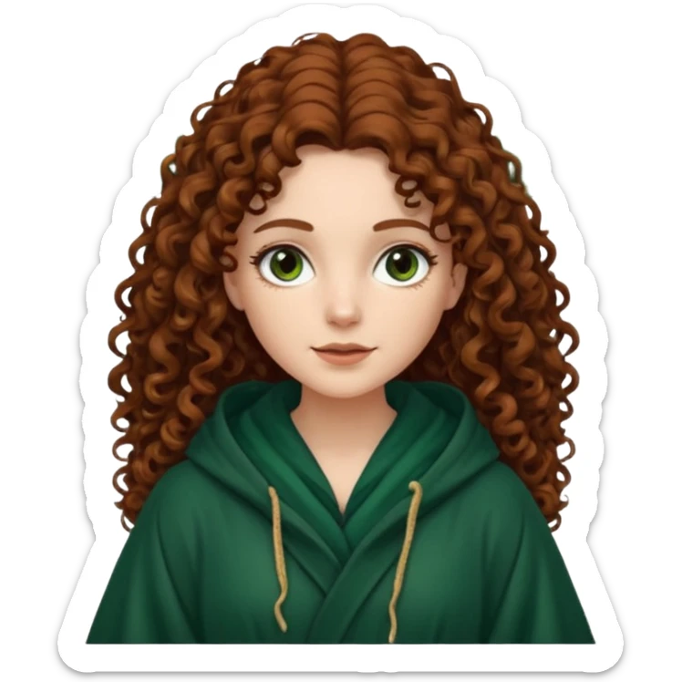 A white woman, a little thicker, with long dark auburn hair robed and hooded like she's a Traitor in the tv show The Traitors. her hair is mostly curly (kinda frizzy, not clean curls) and the robe is a dark dark forest green color sticker