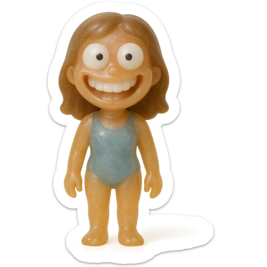 Edit the image of a beach girl to look happy and derpy with a big smile and very derpy, oversized white eyes with small black pupils looking in different directions. She should be very transparent, wearing a simple blue one-piece swimsuit, standing in a neutral pose, much smaller in the frame so her entire body is visible with no cropping. The style should resemble a retro 90's toy style: very transparent, slightly see-through, natural tan skin, brown hair, soft plastic texture, soft reflections, soft and squishy, some cloudiness, not shiny, highly detailed, appealing, no tag, no background, and no suggestive details. sticker