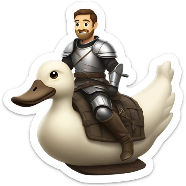 Confident armored White Man with dark brown hair and a short beard riding on the back of a giant armored duck sticker