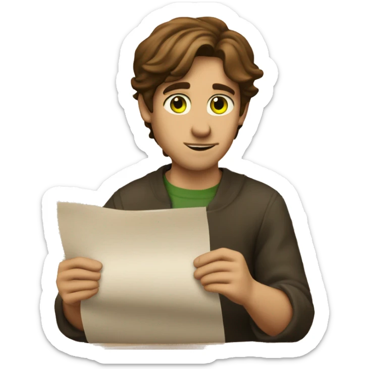a light-skinned green-eyed man with brown hair sitting in front of the paper scroll  sticker