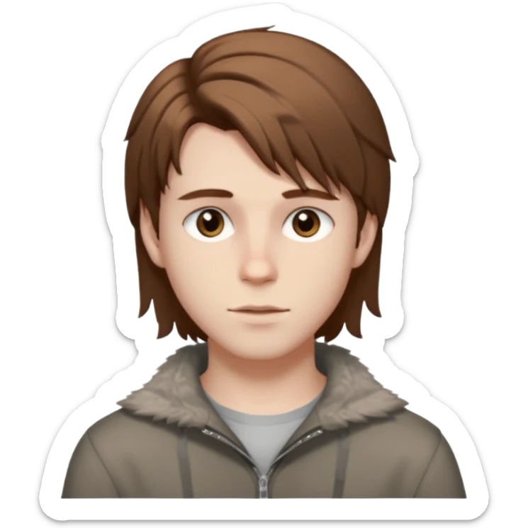 A young white boy with brown hair and eyes, with slightly long, straight and disheveled hair with wolfcut haircut, Make it look aesthetic, it's a trans boy sticker