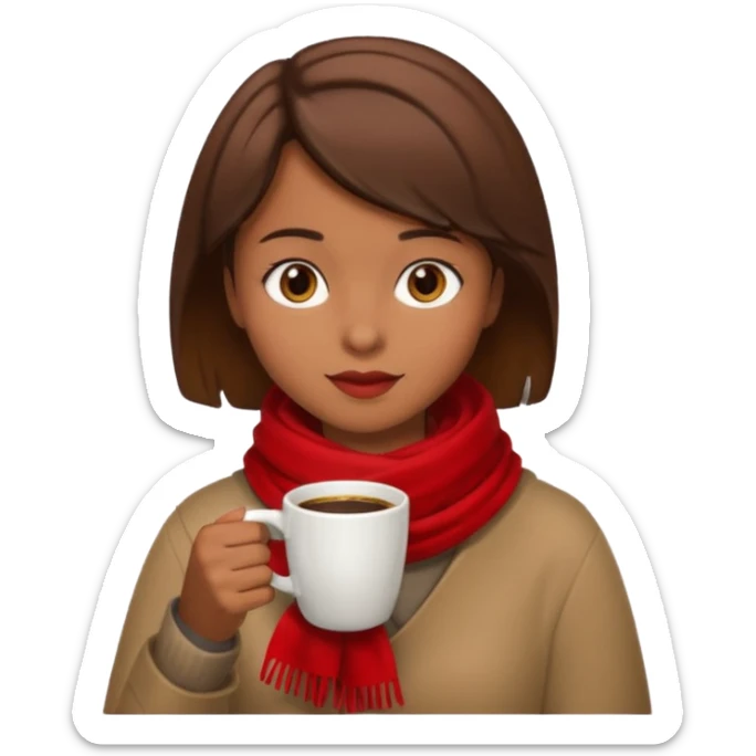 a girl with brown short hair, having red scarf, drink coffee, enjoy sticker