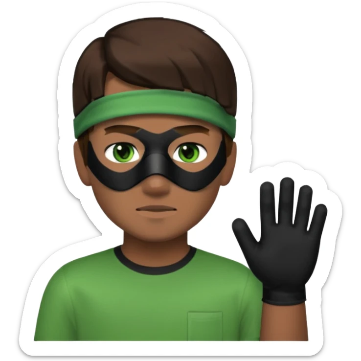 Chico de pelo marrón, ojos verdes y la mitad de la cara color gris ceniza. Con un cubre bocas negro, que tiene una camisa verde por encima de una remera blanca, y tiene un guante negro en una sola de las manos. Estilo minecraft sticker